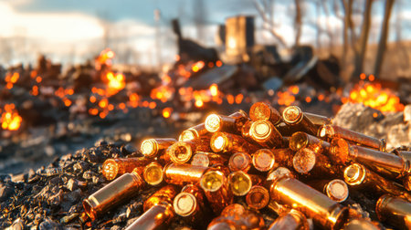 Gritty scrap yard scene with piles of rusted ammo casings, thick industrial decay and strong visual textureの素材