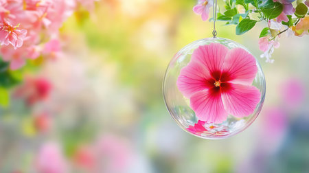 Nature still life of flower suspended in round glass container, vibrant color and symmetry captured in detailの素材