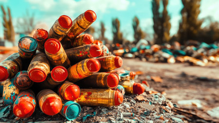 Rusted munitions and shells piled in a gritty industrial scrap yard, decayed metal and worn textures dominateの素材