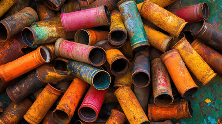 Old, rusty artillery shells in a metal heap, captured in industrial ruin and worn texturesの素材