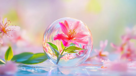 Single vibrant bloom preserved inside transparent orb, surreal and delicate nature still lifeの素材