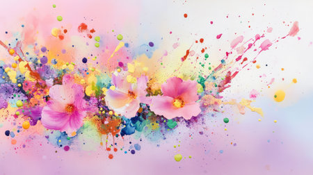 Artful burst of colored paint against muted pastel background, offering a balance of chaos and eleganceの素材
