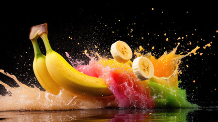 Bold banana splash scene with electric hues bursting outward on black background, capturing dynamic fruit energyの素材