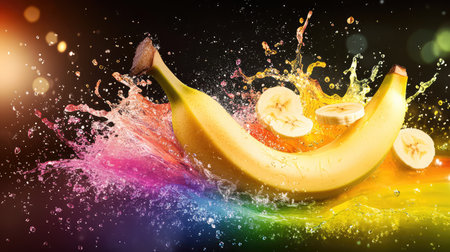 Bright banana breaking through a rainbow splash of liquid on black, emphasizing energy and freshnessの素材