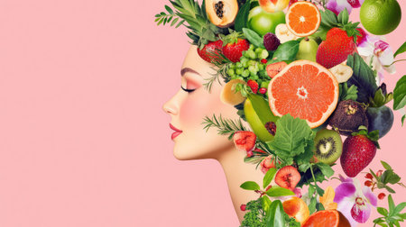 Side profile outline of woman filled with fresh greens and fruits, conveying a healthy lifestyle in artistic minimal designの素材
