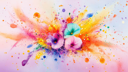 Artful burst of colored paint against muted pastel background, offering a balance of chaos and eleganceの素材