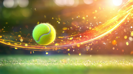 Artistic blur trail of tennis ball in mid-air, vibrant and energetic with glowing speed linesの素材