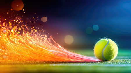 Glowing light trail of tennis ball captured in motion blur, showing dynamic movement with long exposure on dark backgroundの素材