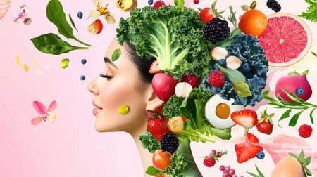 Nutritional mind illustration with woman profile filled with kale, berries, and other healthy foods, on clean pastel backgroundの素材