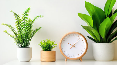 Compact pixel-style timepiece on white tabletop, accented with potted plants for minimalist tech decorの素材