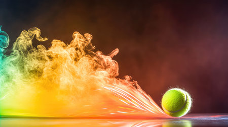 Long exposure of tennis ball showing fluid movement and neon-like trail against dramatic lightingの素材