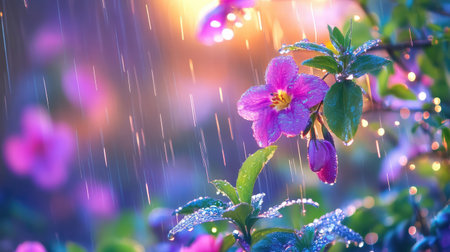 Close-up of purple blossom bathed in moonlight and rain, set in dreamy forest at nightの素材