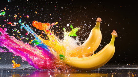 Energetic splash of banana with multicolored fluid arcs frozen mid-air against dramatic black settingの素材