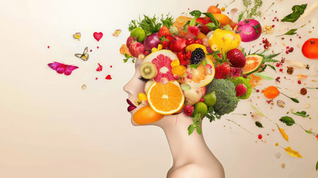 Creative concept of a female head silhouette composed of fruits and vegetables, set against a minimal beige backdropの素材