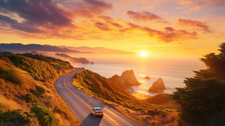 Sunset casts warm glow over a winding coastal road, with dramatic cliffs and misty sea adding to the cinematic beautyの素材