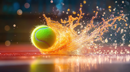 Long exposure of tennis ball showing fluid movement and neon-like trail against dramatic lightingの素材