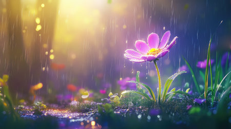 Soft rain falling on a luminous purple flower in shadowy forest, radiating a fairytale glowの素材