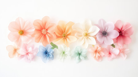 Artistic flat lay of pastel-colored textile flowers arranged in soft clusters on clean white backgroundの素材