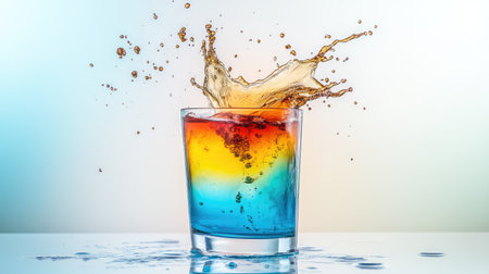 Artistic collision of blue and brown streams inside a glass, creating a visually striking splash momentの素材