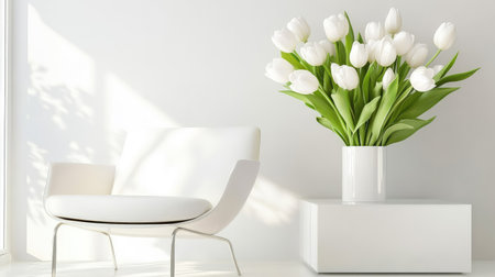 Bright white living room featuring a sleek modern chair and a fresh tulip bouquet on a minimalist side table, exuding serene eleganceの素材