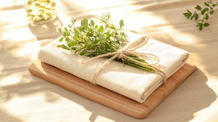 Environmentally friendly folded textile with jute wrap, styled on raw wood for a minimalist, organic sceneの素材