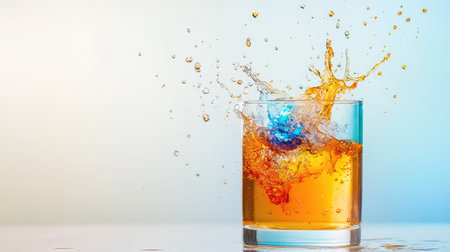 Close-up of glass with vibrant blue and brown liquids splashing upward, captured in high definition with motion freezeの素材