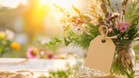 Country-style sunset table with a blank kraft tag on rustic linen, perfect for dinner event stylingの素材