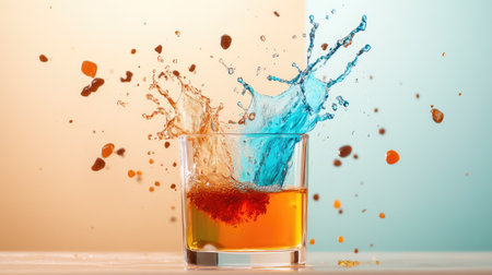 Artistic collision of blue and brown streams inside a glass, creating a visually striking splash momentの素材