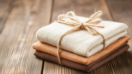 Earth-toned organic fabric folded and tied with jute twine, resting on a raw wooden surface with soft natural lightの素材
