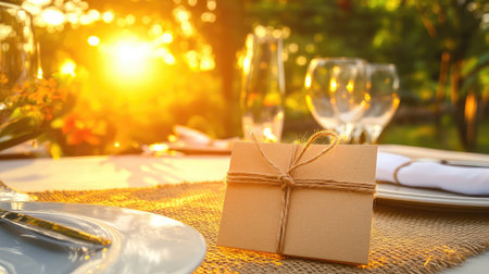 Blank kraft tag tied with twine on a rustic burlap napkin, glowing in sunset light at an outdoor dinner tableの素材