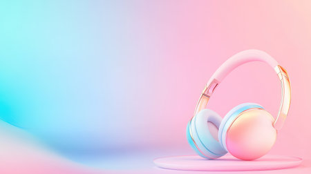 Minimalist tech shot of RGB headphones levitating over a sleek transition from blue to pink gradient backgroundの素材