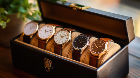 Five men wristwatches displayed in dark leather watch box, with atmospheric LED illuminationの素材