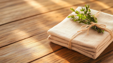 Folded linen or cotton textile secured with jute string, placed on warm wood for an earthy, simple moodの素材