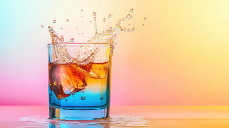 Splash of contrasting blue and brown liquids in a glass, captured with sharp detail against a soft gradient backdropの素材