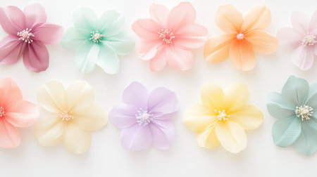 Minimal flat lay of fabric flowers in pastel hues on a white background, styled with elegance and symmetryの素材