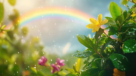 Stunning rainbow framed by dark storm clouds and fresh raindrops on foliage, symbolizing hope after rainの素材