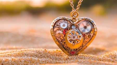 Steampunk-style metallic heart with gears placed on textured sand, shot in warm lighting for contrastの素材