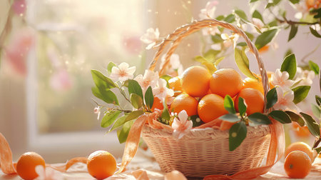 Natural composition of ripe oranges and green leaves in a basket, accented with rustic ribbons and soft lightの素材