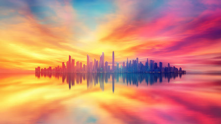 Blurred high-rises mirrored in still water under a vivid sunset sky, creating a harmony of soft light and urban geometryの素材