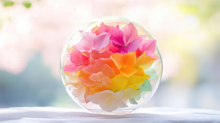 Vibrant petal structure within a glass globe, nature elegance encapsulated in minimal still life formの素材