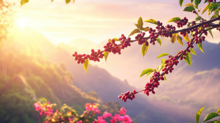 Ripe coffee beans clustered on branches, glistening in sunrays with hazy mountain silhouettes behindの素材