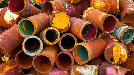 Old, rusty artillery shells in a metal heap, captured in industrial ruin and worn texturesの素材