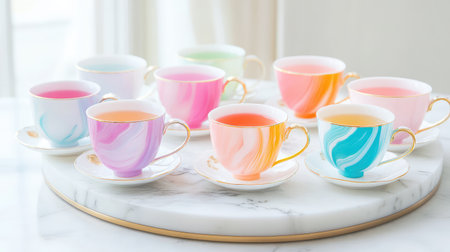 Elegant pastel teacups with marbled swirls grouped on a circular white marble tray for a chic tabletop sceneの素材