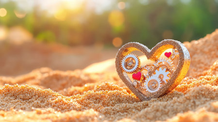 Symbolic metallic heart featuring tiny gears resting on sand, combining mechanical detail with natural simplicityの素材