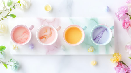 Whimsical pastel teacups with marbled swirls displayed on a luxurious white marble tray for a serene flat layの素材