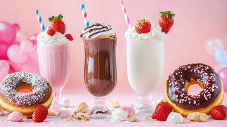 Dessert lovers dream with chocolate and glazed donuts beside strawberry and vanilla milkshakes in retro glasses, colorful and funの素材