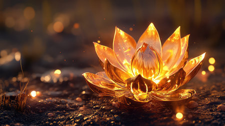 A metallic golden lotus flower emits a soft halo of light on a moody dark backdropの素材