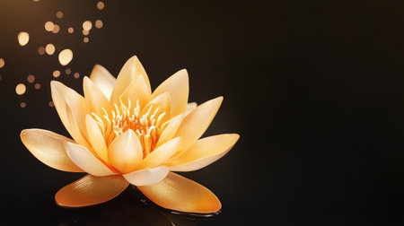 Gold lotus flower glowing ethereally with highlights on petals, set against a rich black backgroundの素材