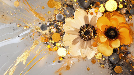 Abstract floral artwork in metallic finishes of gold and silver, rich with texture and shineの素材