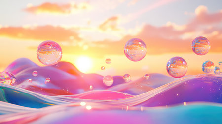 Abstract motion of fluid waves with luminous bubbles floating through a layered landscapeの素材